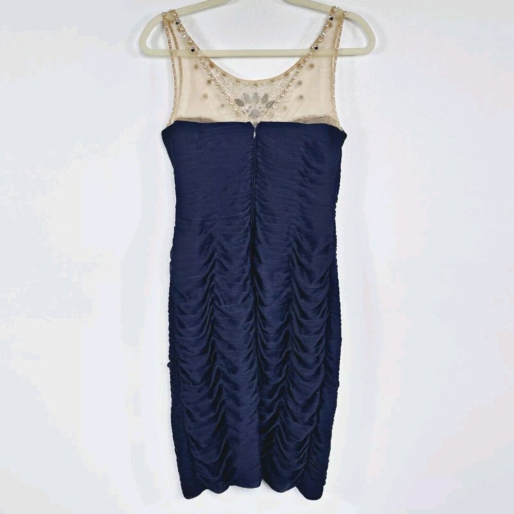 Adrianna Papell Illusion Bodice Jersey Sheath Dress Womens 6 Navy Mini Cocktail - Picture 3 of 16